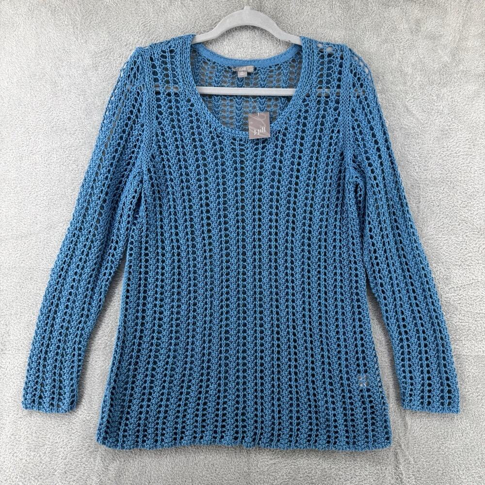 J Jill Top Womens Mp Blue Lapis Linen Crochet Long Sleeve Scoop Neck Sheer New